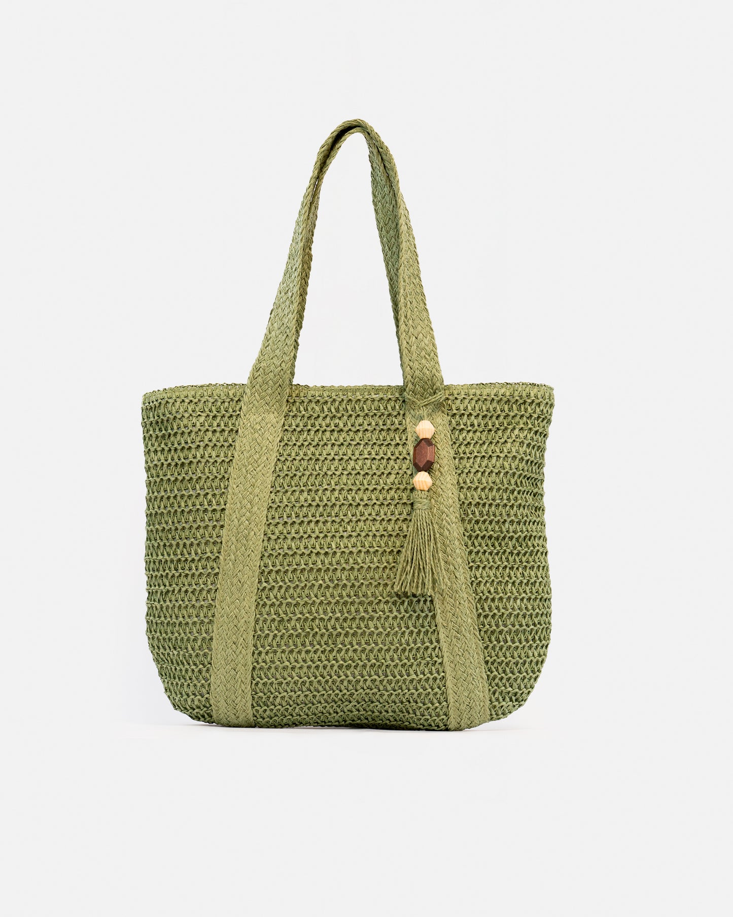 Ladies' wicker handbag, casual shoulder bag with wooden detail.
