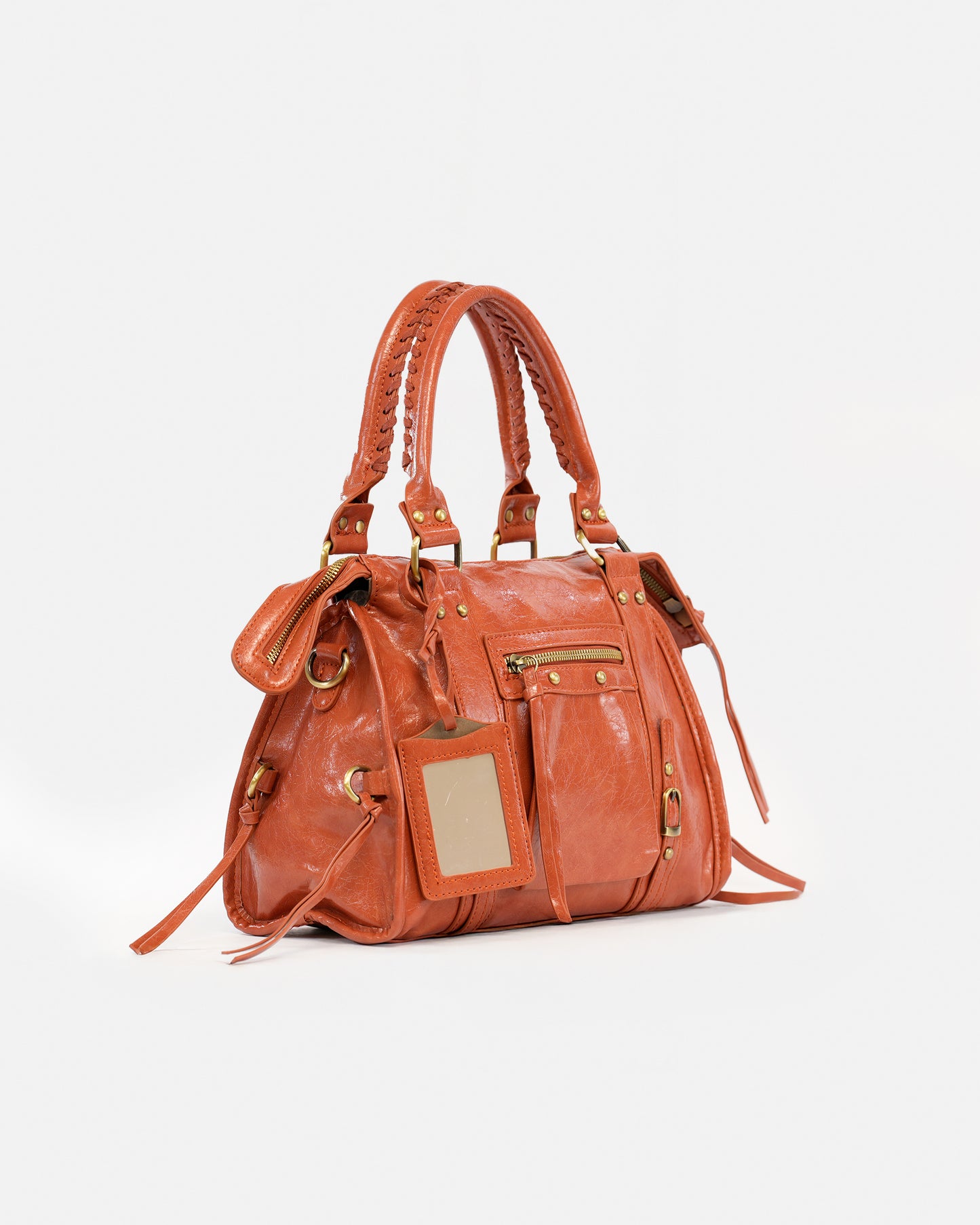 Bolso de Mano Efecto Cuero Vintage con Placa Decorativa