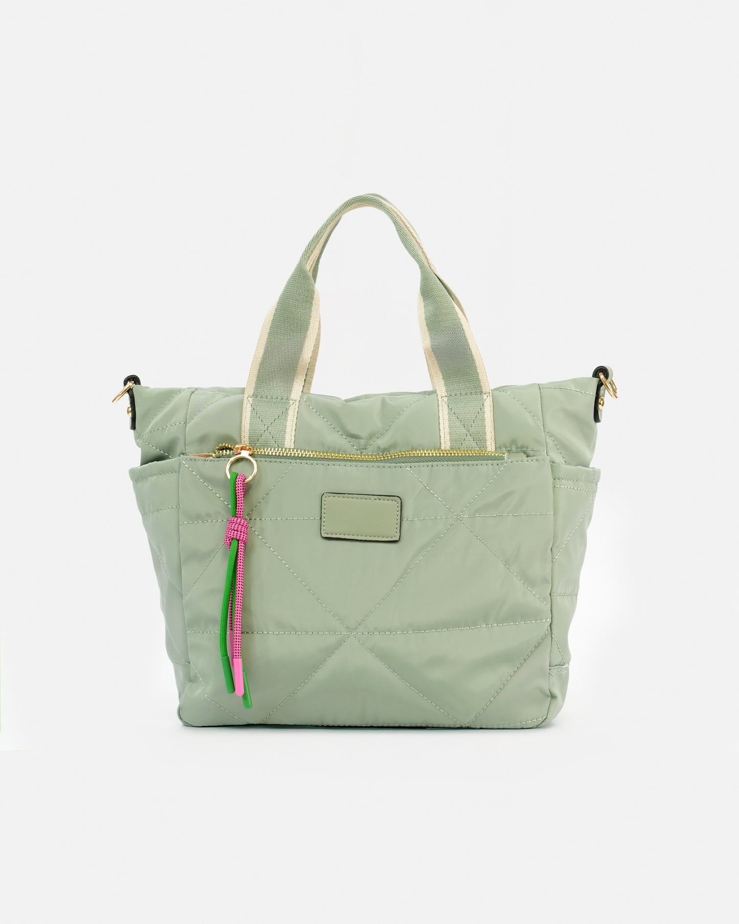 Casual Style Quilted Nylon Bag with Ribbon Handle and Decorative Detail