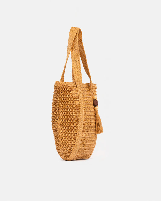Bolso dama de modo de mimbre, casual de hombro con detalle madera.