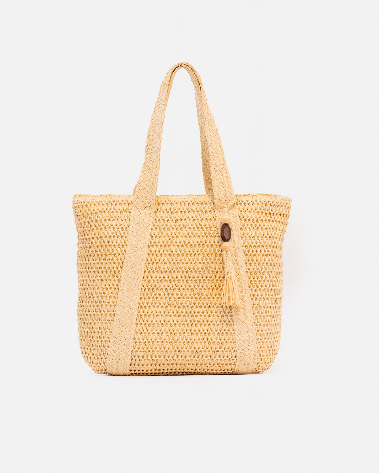 Ladies' wicker handbag, casual shoulder bag with wooden detail.