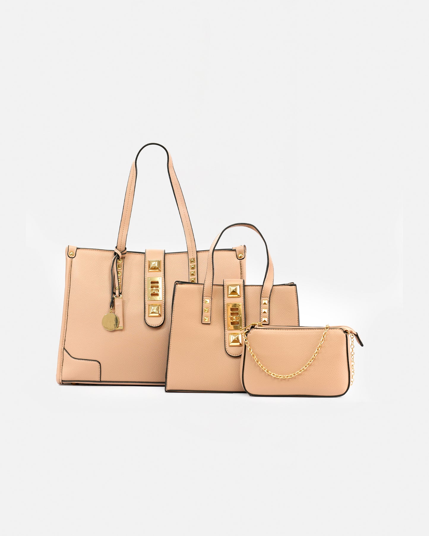 Set of Textured Faux Leather Shopper Bags with Metallic Appliques and Decorative Chain