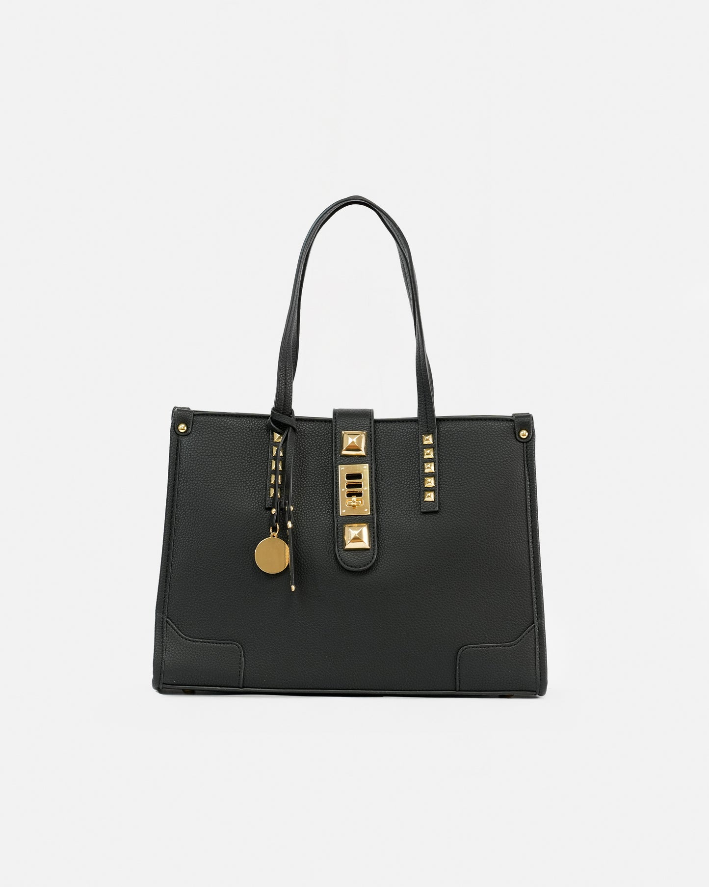 Set of Textured Faux Leather Shopper Bags with Metallic Appliques and Decorative Chain