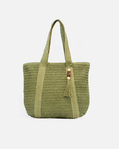 Ladies' wicker handbag, casual shoulder bag with wooden detail.