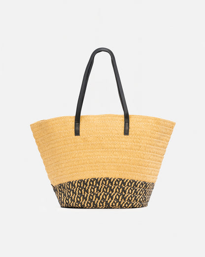 Bolsos tipo rafia con detalle de tipo cuero más accesorio
