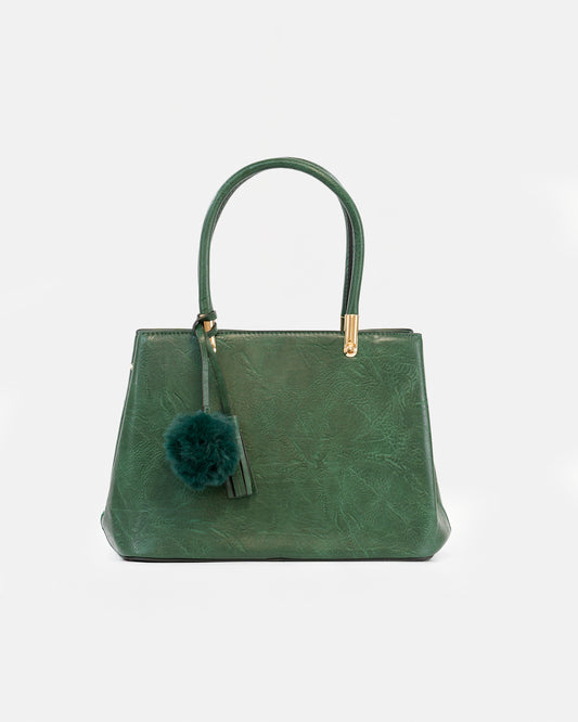 Handbag with pompom and metallic details