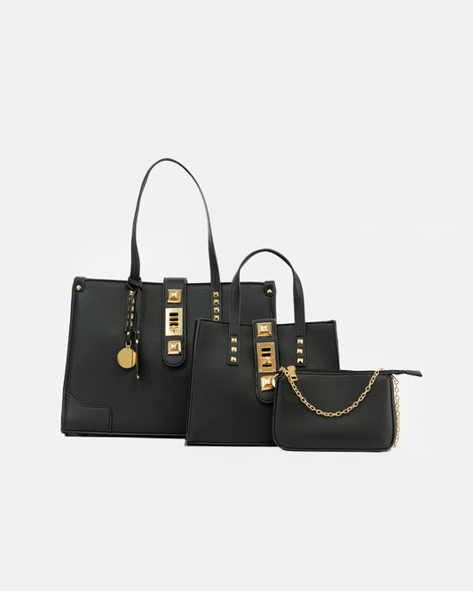 Set of Textured Faux Leather Shopper Bags with Metallic Appliques and Decorative Chain