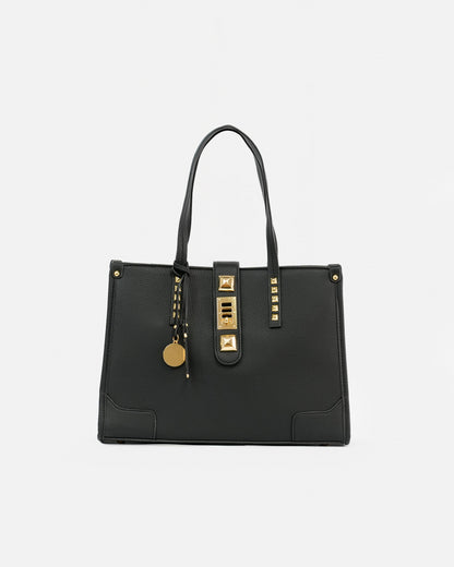Set of Textured Faux Leather Shopper Bags with Metallic Appliques and Decorative Chain